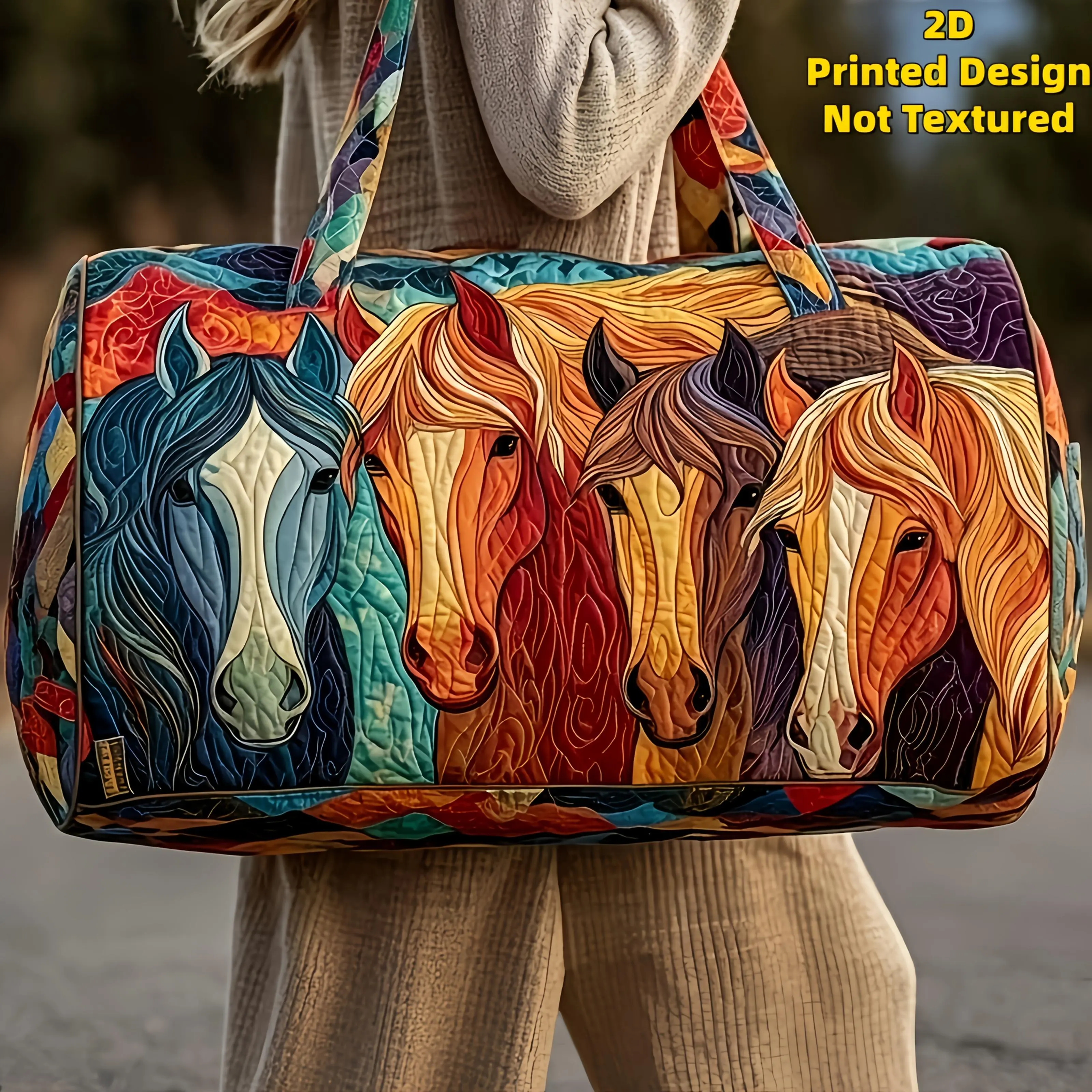 [Artistic Horse Print Bag] Printed Design - Not Textured: Artistic Oil Painting-Style Colorful Galloping Horse Print Large-Capacity Travel Bag, Carry-On Luggage Bag, Lightweight and Wear-Resistant Short-Trip Business Trip Gym Bag, and Weekend Getaway Over