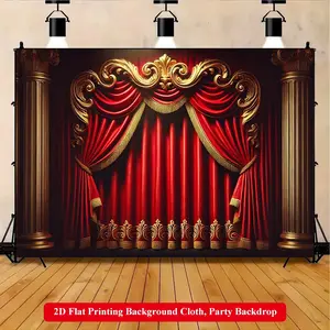 2D Flat Printing Backdrop Banner 1pc, Elegant Red Theater Stage Curtain Vibrant Polyester Background Cloth for Family Party, Wedding, Birthday, Christmas, Thanksgiving, Fall, Entryway, Room Decorations, Easy to Set Up, Reusable
