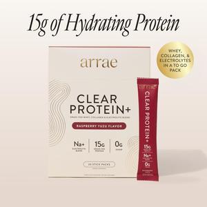 Arrae Clear Protein+ |  15g Grass Fed Whey, Collagen, & Electrolytes Protein | Rasberry Yuzu Flavor| 20 Stick Packs Edible Dietary Supplement Healthcare Fitness Muscle Optimum Fiber
