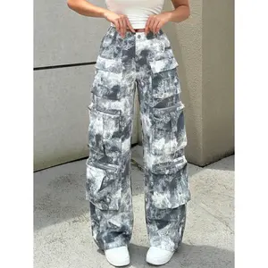 Women's High Waisted Wide Leg Cargo Pants, Gray Print Baggy Streetwear Trousers with Multi Pockets