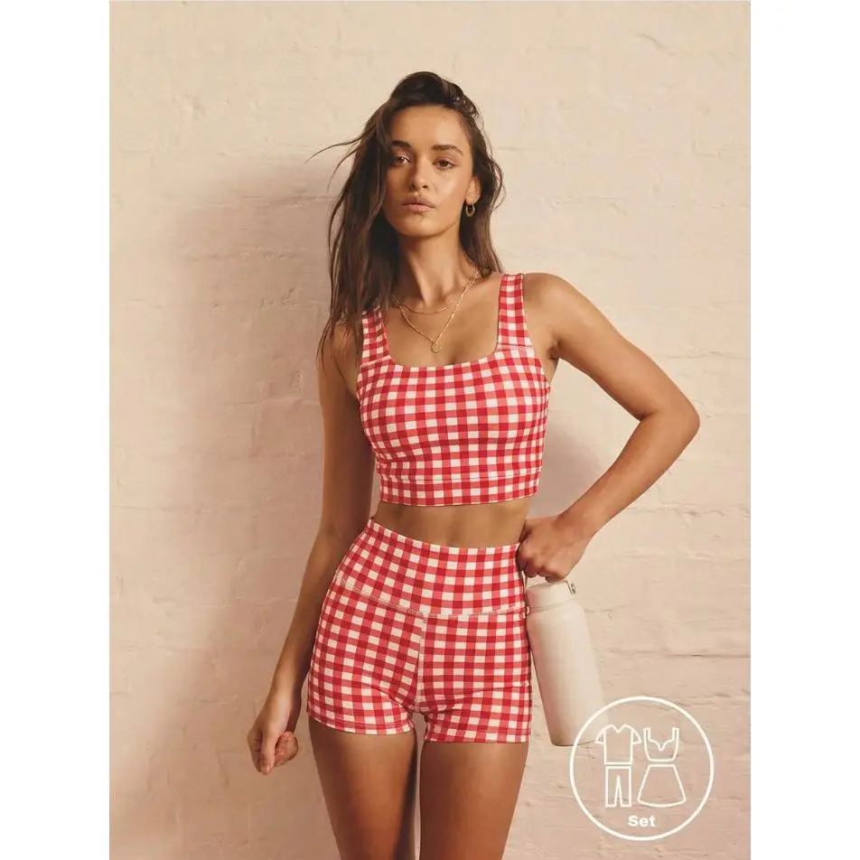 Leisurewear Active Women's 2pcs Gingham Plad Printed Tank And Short Gym Workout Two Pieces Set