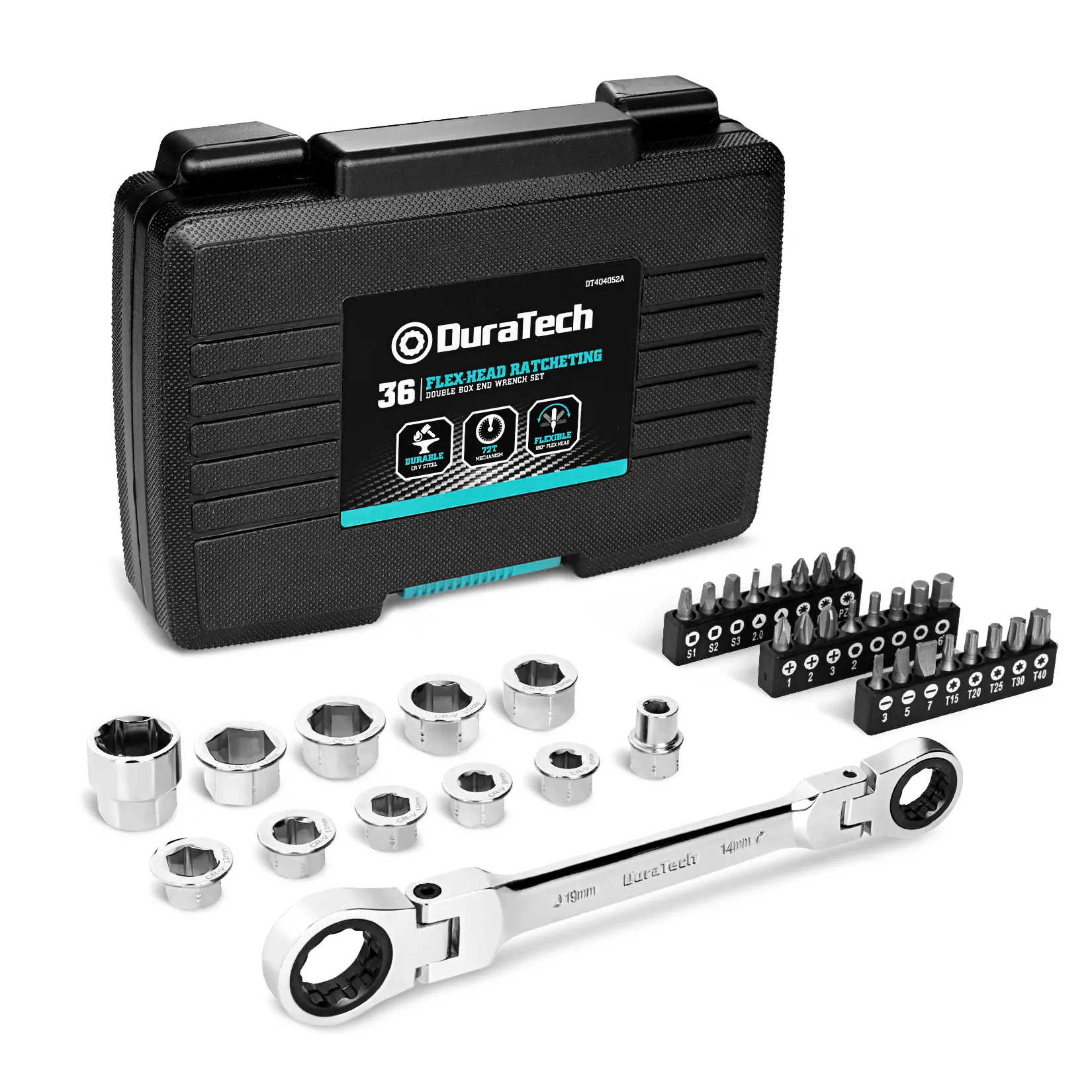 #summersale DURATECH 12-in-1 Flex-Head Ratcheting Wrench Set & 24-in-1 Screwdriver Set, Double Box End Wrench 8-19mm, 1/4" Drive Adapter with 24PCS Driver Bits, CR-V Steel, with Tool Box