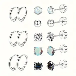 8 Pairs of Medical Steel Ear Studs, Sensitive Ear Studs, Anti-allergic 20G Stainless Steel Female Ear Studs, Male Ear Studs, Small Opal Balls, CZ Surgical Steel Ear Studs, Flat Back, Cartilage Ear Studs