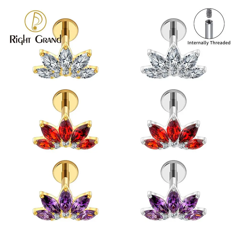 Right Grand ASTM F136 Titanium Marquise Lotus Cartilage Earring 16G Flower CZ Helix Flat Back Stud Labret Piercing Jewelry