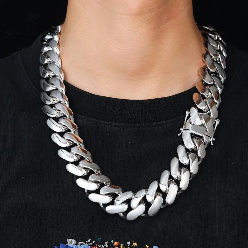 18K White Gold Vacuum Plated Stainless Steel Chain & Copper Deployment Clasp Miami Cuban Link Chain Italy Mexico & Micro Inspired Unisex Hip Hop 12-22mm Necklace for Men & Women Jewelry,Daily Wear,Casual Fashion,Gift,Chicano Ste,Weighty,Stackable