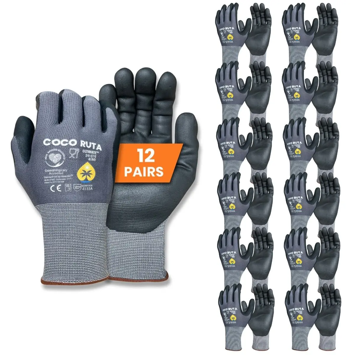 24 Pairs COCO RUTA Gloves 34- 874 Safety Gloves | Guantes Para Trabajo - Coco Ruta Gloves For Men Nitrile Micro Foam Grip Palm Comfortable Fit Construction Gear