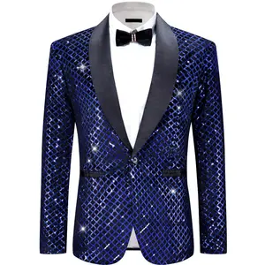 Lars Amadeus Men's Shawl Lapel Disco Prom Party Argyle Sequin Blazer Blue XX Large