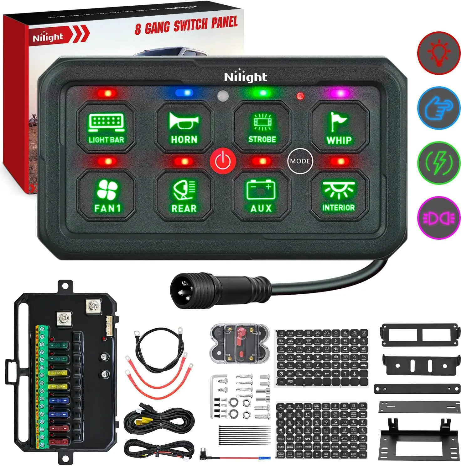Nilight 8-Gang Backlighted Switch Panel - Green Circuit Control Relay System with Fuse Wiring Harness, Toggle/Momentary/Strobe Flash Modes, Automatic Dimmable Memory Mode, 12-24V DC 12V/1440W 24V 60 A Complete Kit for Car Center Console, Camping Camper, B