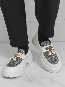 Silver Color Sequined Thick Sole Loafers, Shiny Party Shoes, Boho Style, Less Than Ankle Height, PU Leather, Rubber Sole, All Seasons