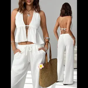 2-Piece Outfit: Tie-Up Halter Neck Backless Tank Top and Wide-Leg Drawstring Pants Set — Clubwear, Vacation Outfits for Women, Beach Outfit
