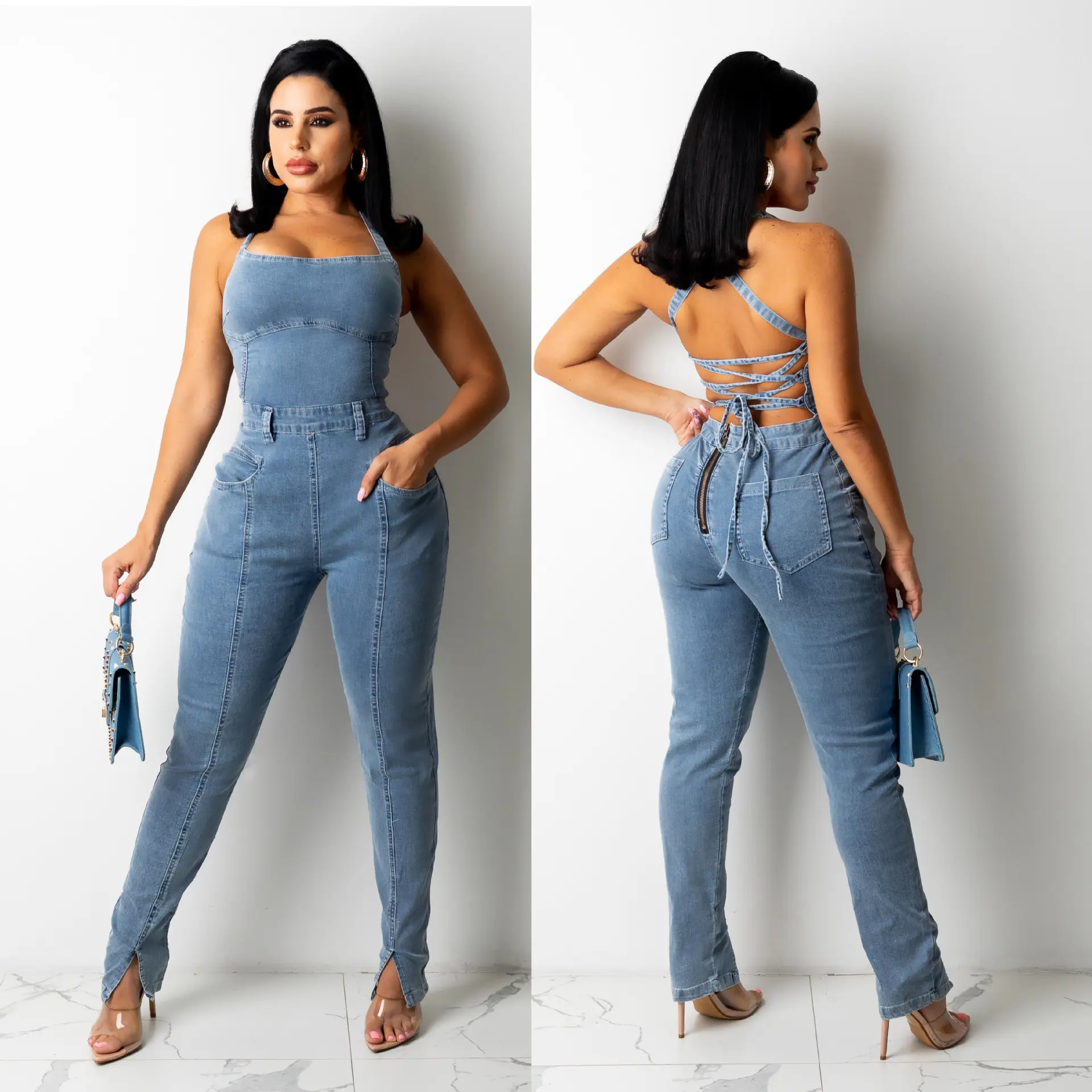 AliExpress new European and American casual fashion slim-fit backless bandage denim jumpsuit