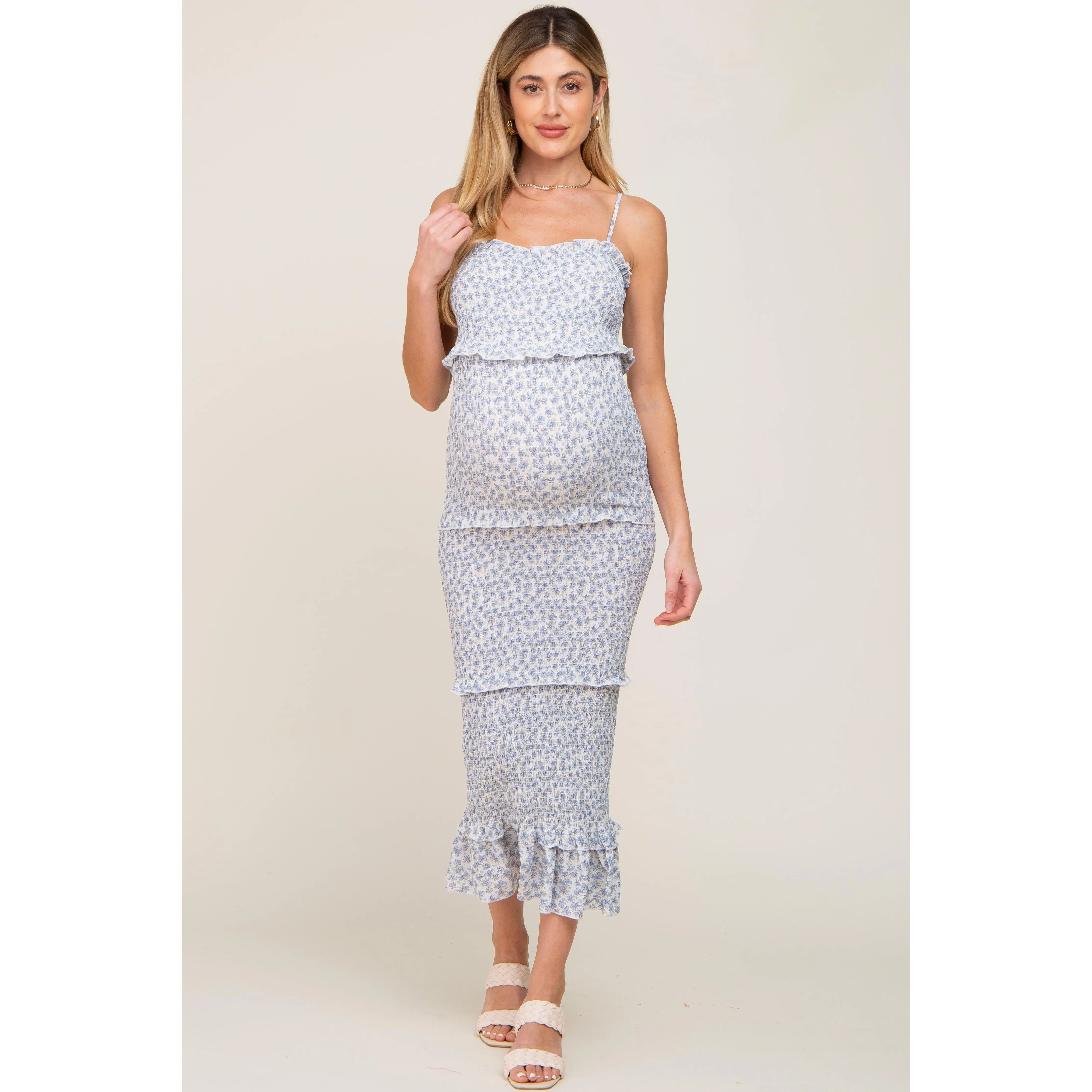 Blue Floral Chiffon Smocked Tiered Square Neck Maternity Midi Dress -  TikTok Shop