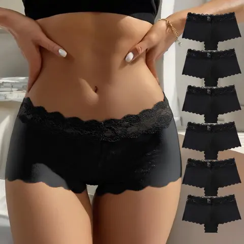 Women's Plain / All Over Print Contrast Lace Boyshorts, Soft Comfy Breathable Boyshorts for Daily Wear, Ladies Underwear for All Seasons, Panties, Lace Trim Panty