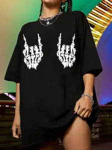 【Plus Size】Skeleton Hand Print Drop Shoulder Tee, Street Fashion Round Neck Half Sleeve T-shirt for Daily Outdoor Wear, Women Plus Clothing for Summer, Halloween, Streetwear