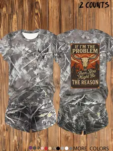 Women's American Western Camouflage Stretchy 2-Piece Matching Set, Lady Womenswear Spring/summer Bull Slogan Statement Print T-Shirt & Shorts, Casual Outdoor Festival Look Clothes