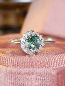 Moon Rings for Women & Girls Synthetic Seaweed Agate Inlay Simple Fashion Design Engagement Ring Daily Wear Jewelry Accessory for All Seasons