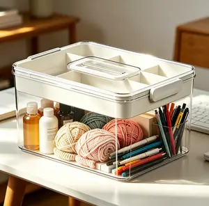 Transparent Household Multipurpose Storage Bin with Carry Handle,Hard Thickened Plastic Box with Secure Sealing Lid,Detachable Divider Tray Spacious Interior,Organizer for Pills Yarn Skincare Toys Office Travel Sundries.room storage Boxes