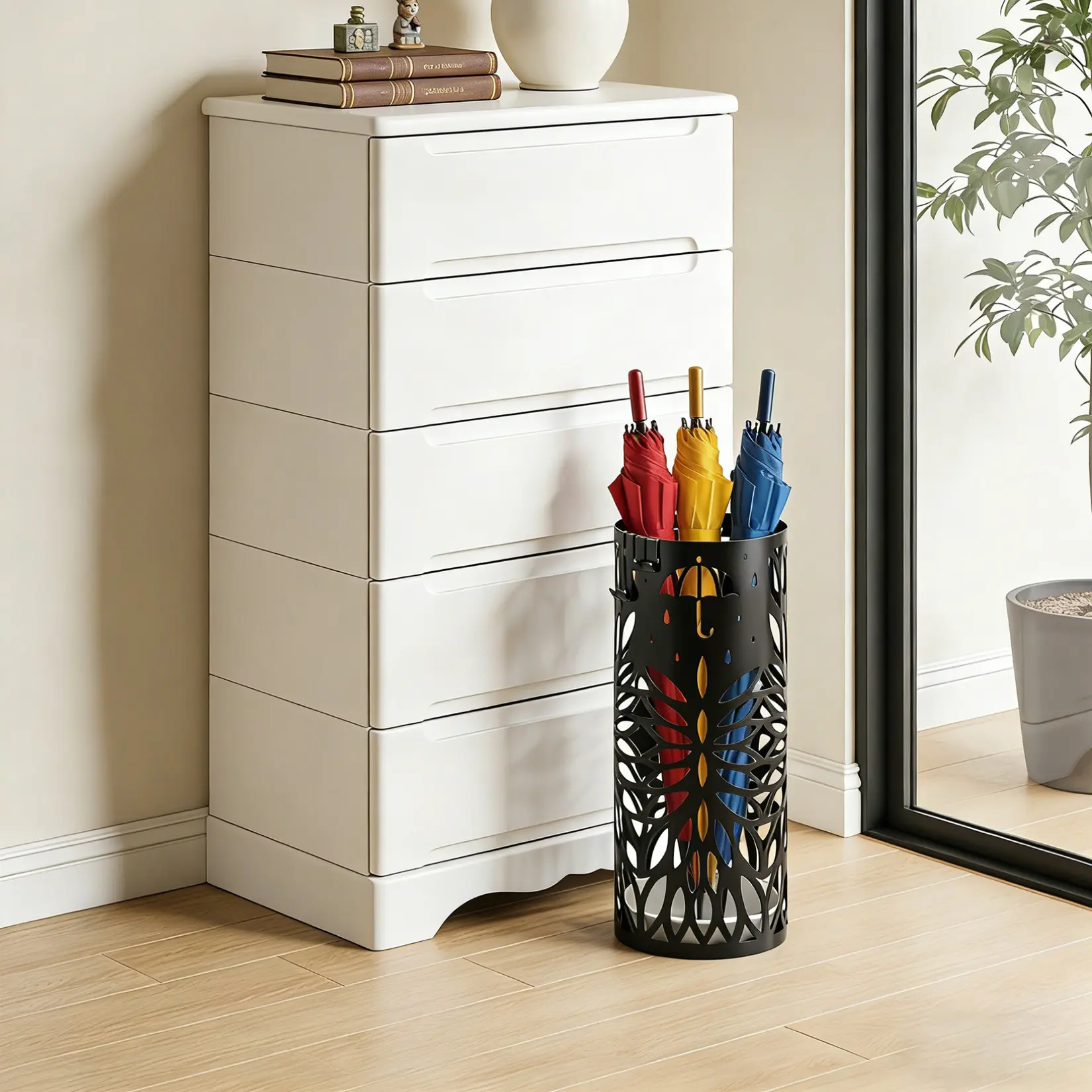 Large Capacity Black Umbrella Stand – Cold Rolled Steel Round Tube Holder for Entryway, Canes & Walking Sticks, Freestanding Home Storage Organizer, Size: 17.02×17.02×40.89cm