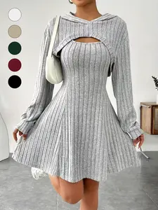 Women's Two-Piece Solid Color Knit Set: Casual Bishop Sleeve Cropped Hoodie & Tank Dress, Loose Comfortable for Daily Spring & Autumn Wear Grey Womenswear