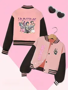 Girls Kpop Demon Hunters Korean Fashion Baseball Jacket, Casual Comfy Jacket, Cartoon Print, Comfortable Spring & Fall, Casual Anime Style, Christmas Gift