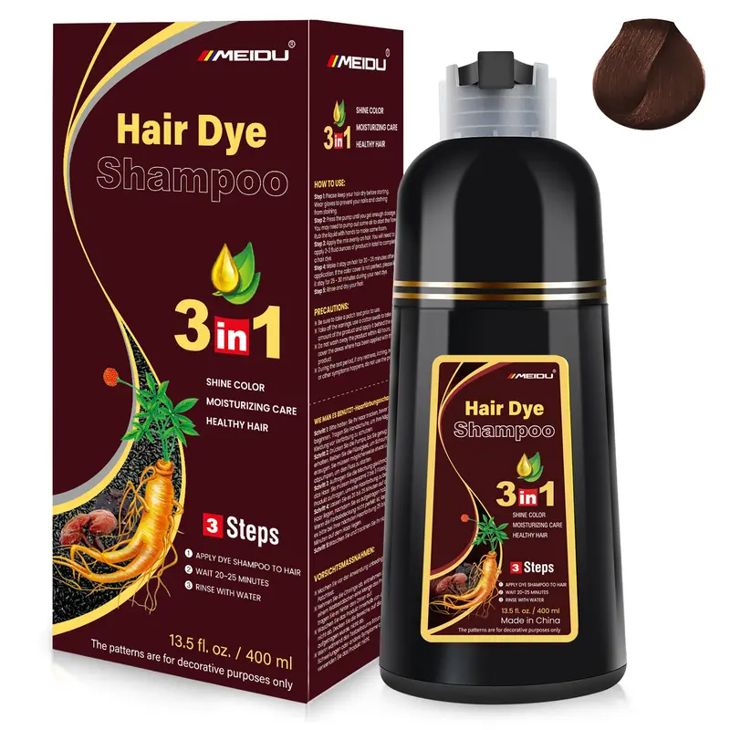 MEIDU 3-in-1 Dark Brown Hair Dye Shampoo Bottle - Alcohol Free, Contains Neither Harmful Additives, Herbal Ginseng Extract, All Hair Types, Adult Haircare, 2-3 Weeks Long-Lasting Gray Coverage (400ml)