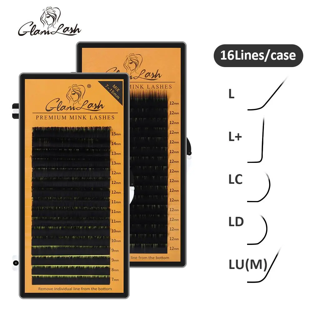 GLAMLASH L/L+/LC/LD/LU/M Curl Mink Eyelashes Extension 16rows/tray Mix Matt Black Individual N/L Curl Makeup False Lashes 2026 New