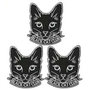 Gothic Black Cat Club Iron-On Patch Set, 3 Pieces, Featuring Black And White Line Art Cat Faces, Easy To Apply, Can Be Heat Pressed Or Sewn Onto Jackets, Bags, Hats Artwork Customizing