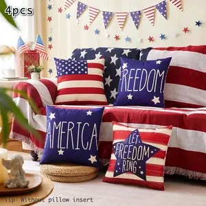 4 Pack 4th of July Pillow Covers , Patriotic Red White Blue Summer Outdoor Throw Pillow Covers,Independence Memorial Day USA Flag Linen Fourth of July Cushion Case for Sofa Couch Decor