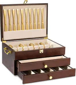 Emfogo 3-Layer Wooden Silverware Storage Box with Drawer, Rustic Flatware Chest with Handle and Linen Lining, Walnut