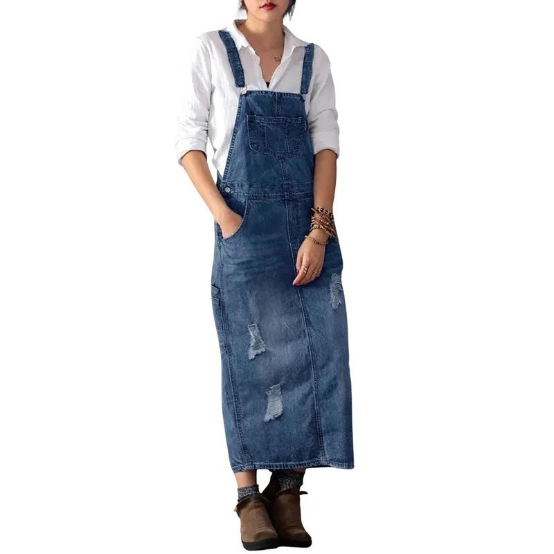 Chouyatou Women's Adjustable Strap Distressed Denim Overall Dress A-Line Pinafore Jean Dress with Split