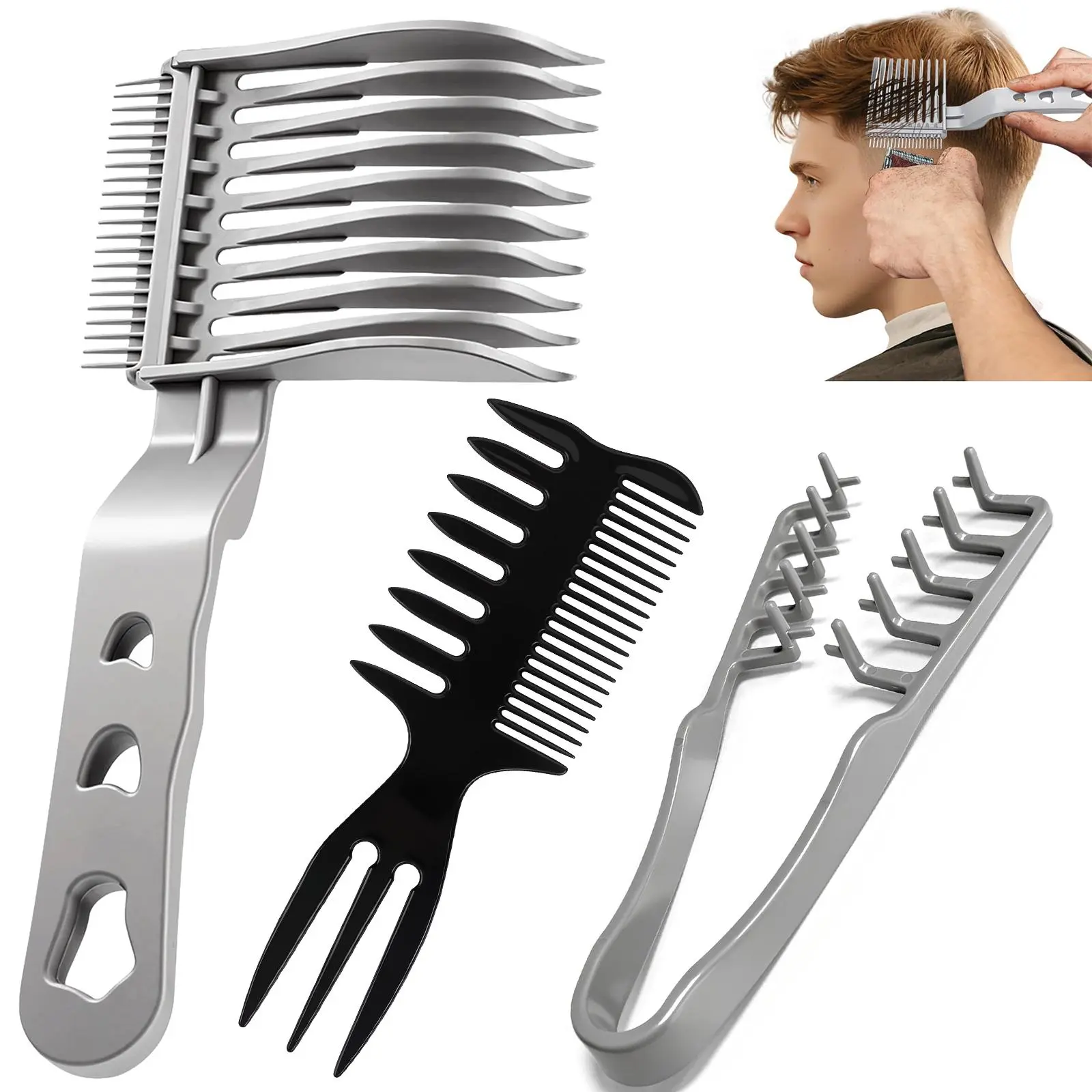 Male 3-Piece Barber Fade Comb Set - Lightweight Flexible ABS Plastic Combs, Hair Salon Equipment, Guides Cuts, Blends Smoothly, No Experience Needed, Compact Travel & Home Haircut Tools, Heat-Free Curly Hair Styler for Adults