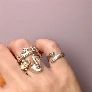 Greek Sculpture & Crown Ring Set Mid-Century Vintage Artisan Handmade Stackable Rings for Versatile Styling Artistry