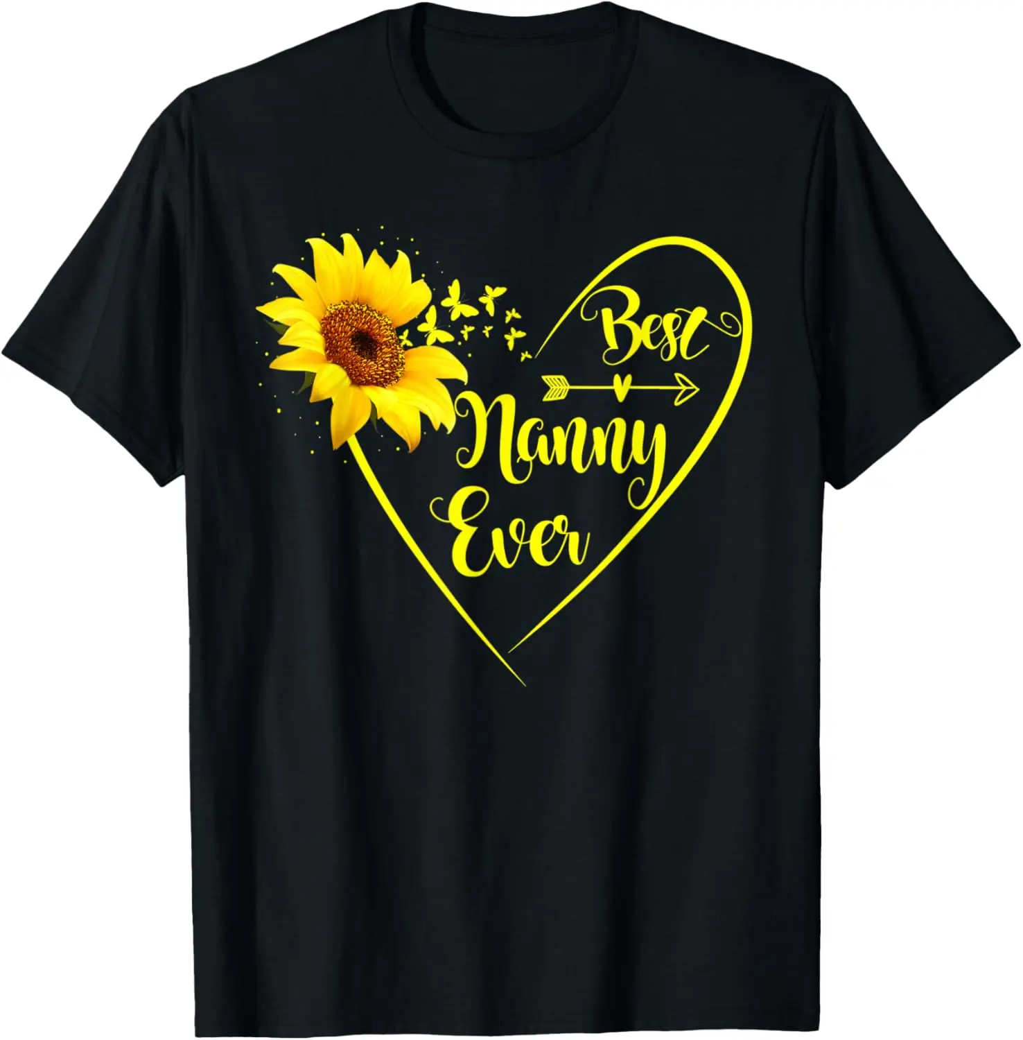 Women's 100% Cotton Shortsleeve T-Shirt Tops - 'Best Nanny Ever' Sunflower Graphic, Round Neck, Breathable Fabric, Everyday Regular Fit, Stylish, Machine Washable, Do Not Bleach, 3XL, V002871-Black, Nanny Gift