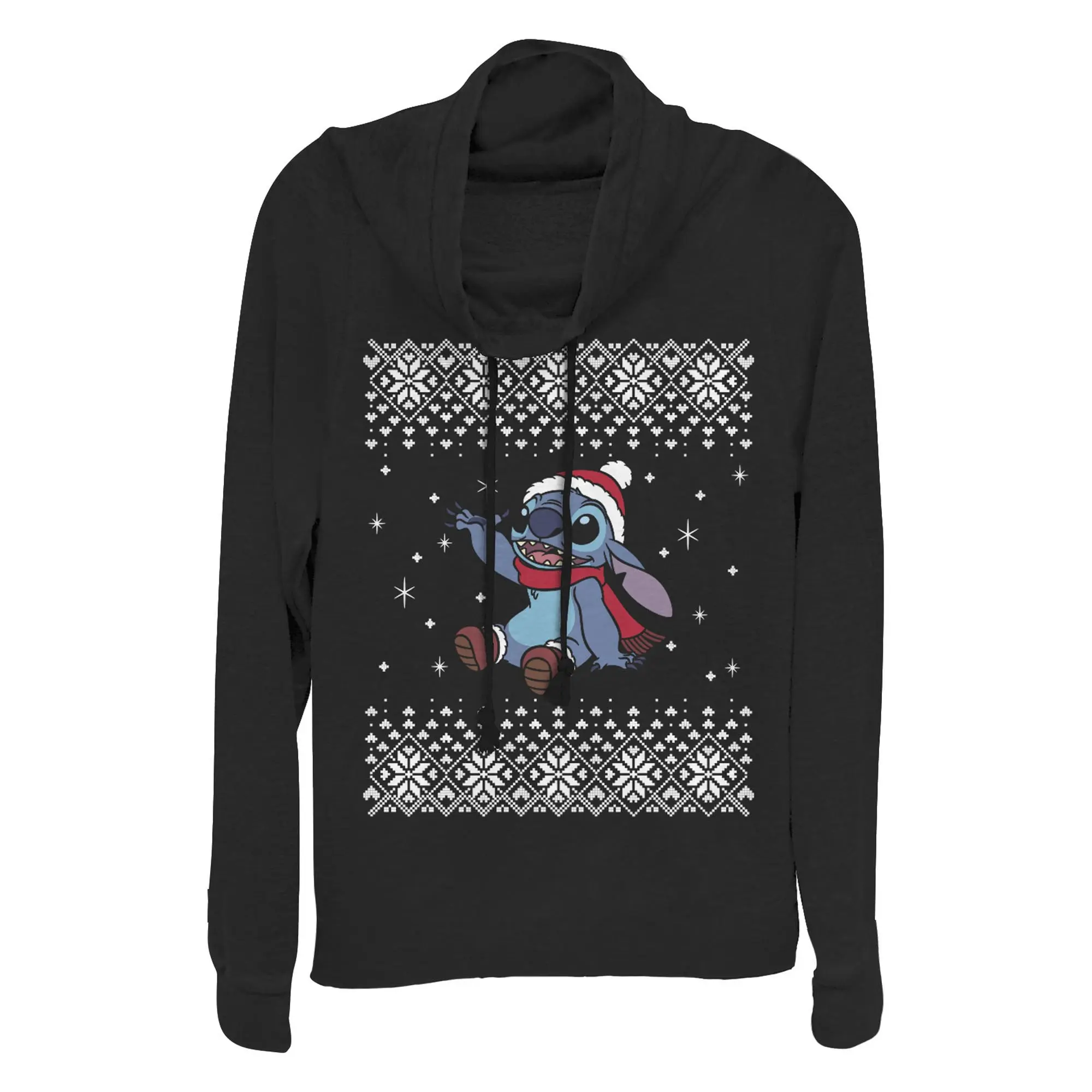 Junior's Lilo & Stitch Alien Christmas Sweater Cowl Neck Sweatshirt