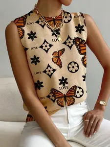Women's Valentine's Day Geometric Pattern Butterfly Floral Letter Print Mock Neck Fitted Sweater, Comfortable Sleeveless Knit Top for All Seasons, Perfect for Casual Wear and Layering, Fall & Winter
