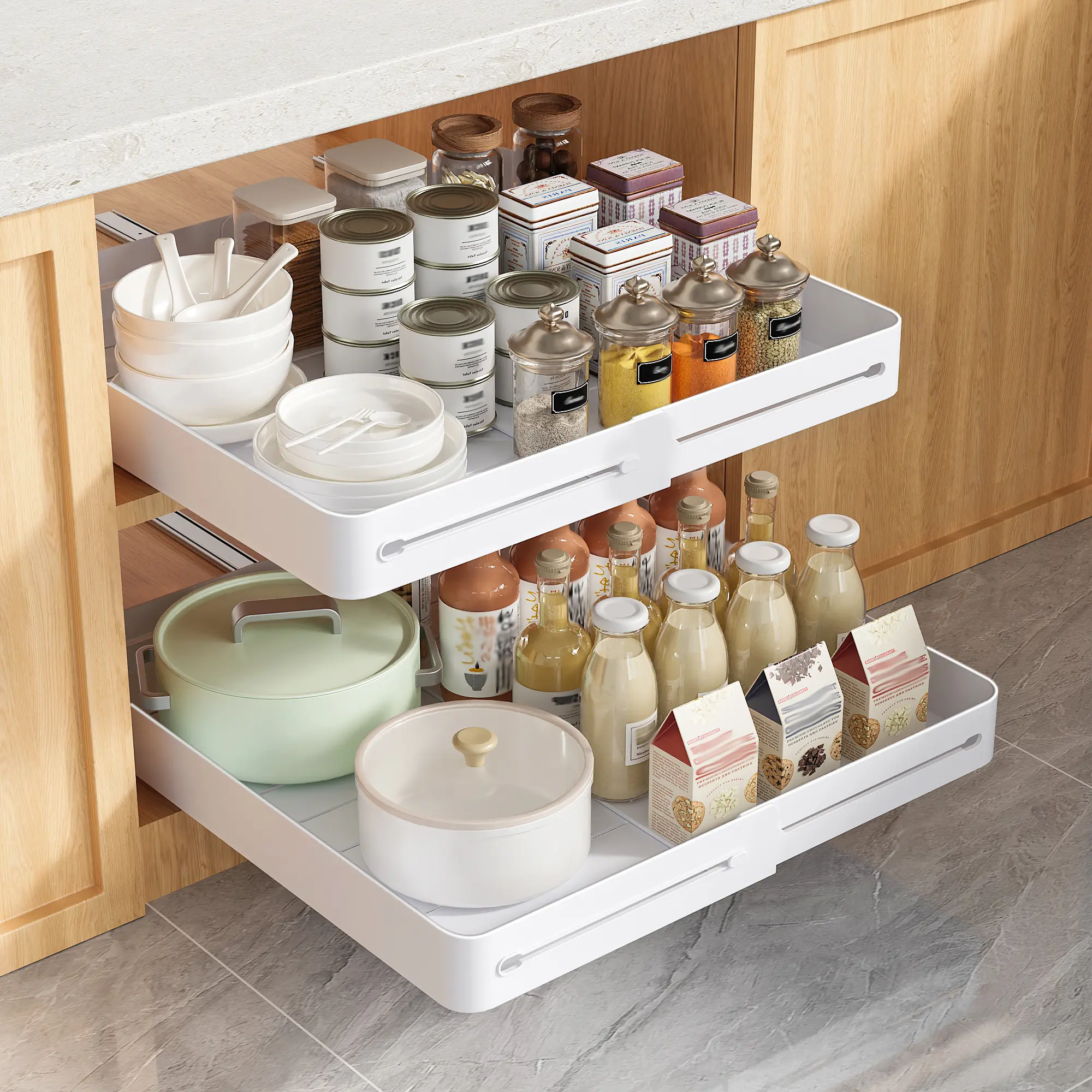 2pcs Adjustable Pull-Out Slide Cabinet Organizer, Sliding Multi-Tier Basket Rack for Kitchen Pots, Bowls, Spices & Bathroom Vanity, Space-Saving