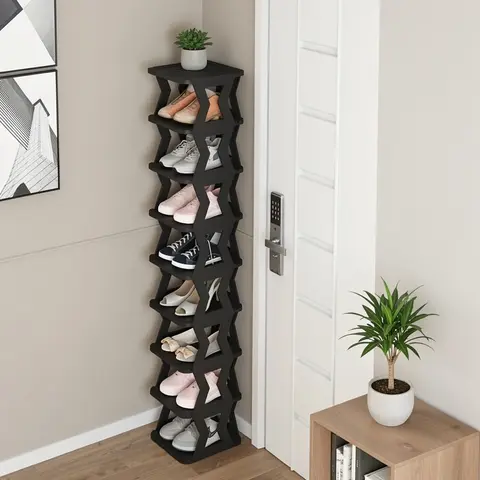 Black Skinny Shoe Rack - 6/9-Tier Collapsible Shoe Storage, Compartmentalized Modern Organizer, Free-Standing Vertical Space Saver for Small Spaces Entryway, Closet Storage, Wardrobe Dorm Room Display Rack