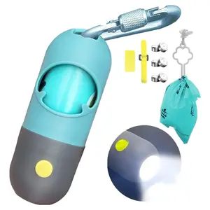 Dog Poop Bag Dispenser with Built-In LED Flashlight and Metal Clip - Crystal Blue Pet Waste Bag Holder for Leash, Dog Walking Accessory