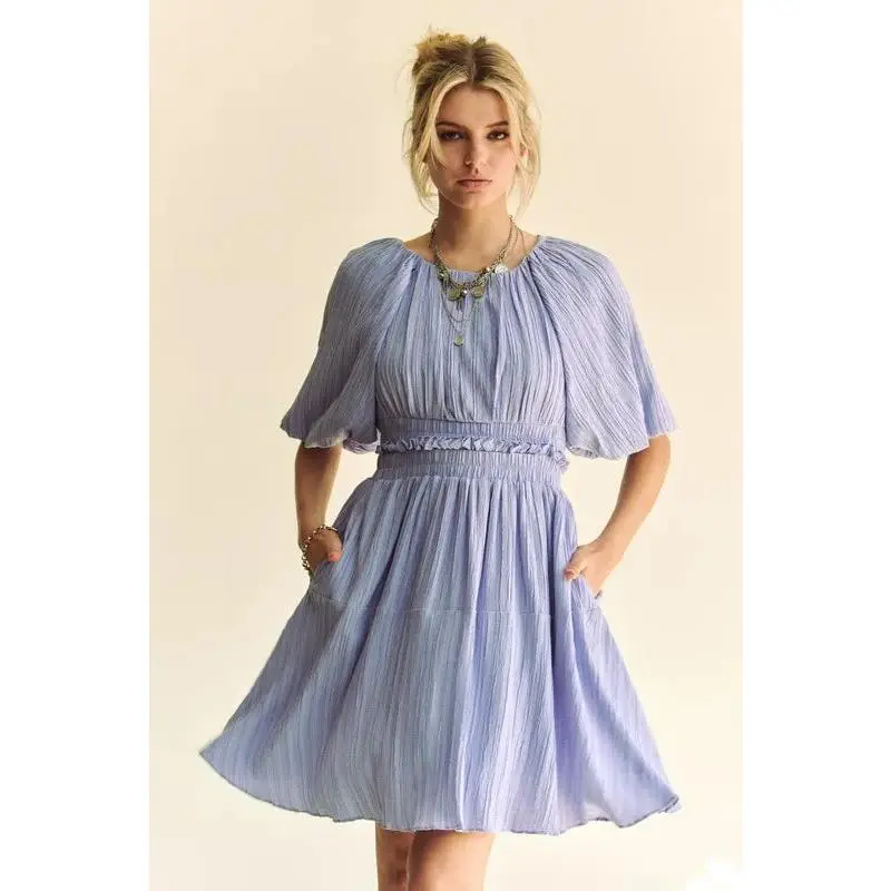 Davi & Dani Back Button Puff Sleeve Mini Dress