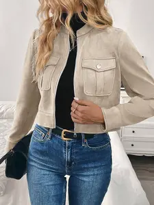 Women's Solid Color Button Decorative Utility Jacket, Casual Short Coat for Spring & Fall, Stylish Fitted Outerwear for Daily Wear Everyday