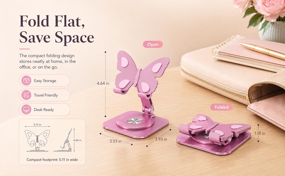 Butterfly-Shaped Aluminium Adjustable Holder, 360° Rotatable Foldable Multifunctional Phone Caddy with Height & Angle Adjustment, Anti-Slip Surface Universal Dock for Phones & Tablets, Portable Desktop Gadget for Dorm & Office Use Butterfly-Shaped Aluminium Adjustable Holder, 360° Rotatable Foldable Multifunctional Phone Caddy with Height & Angle Adjustment, Anti-Slip Surface Universal Dock for Phones & Tablets, Portable Desktop Gadget for Dorm & Office Use