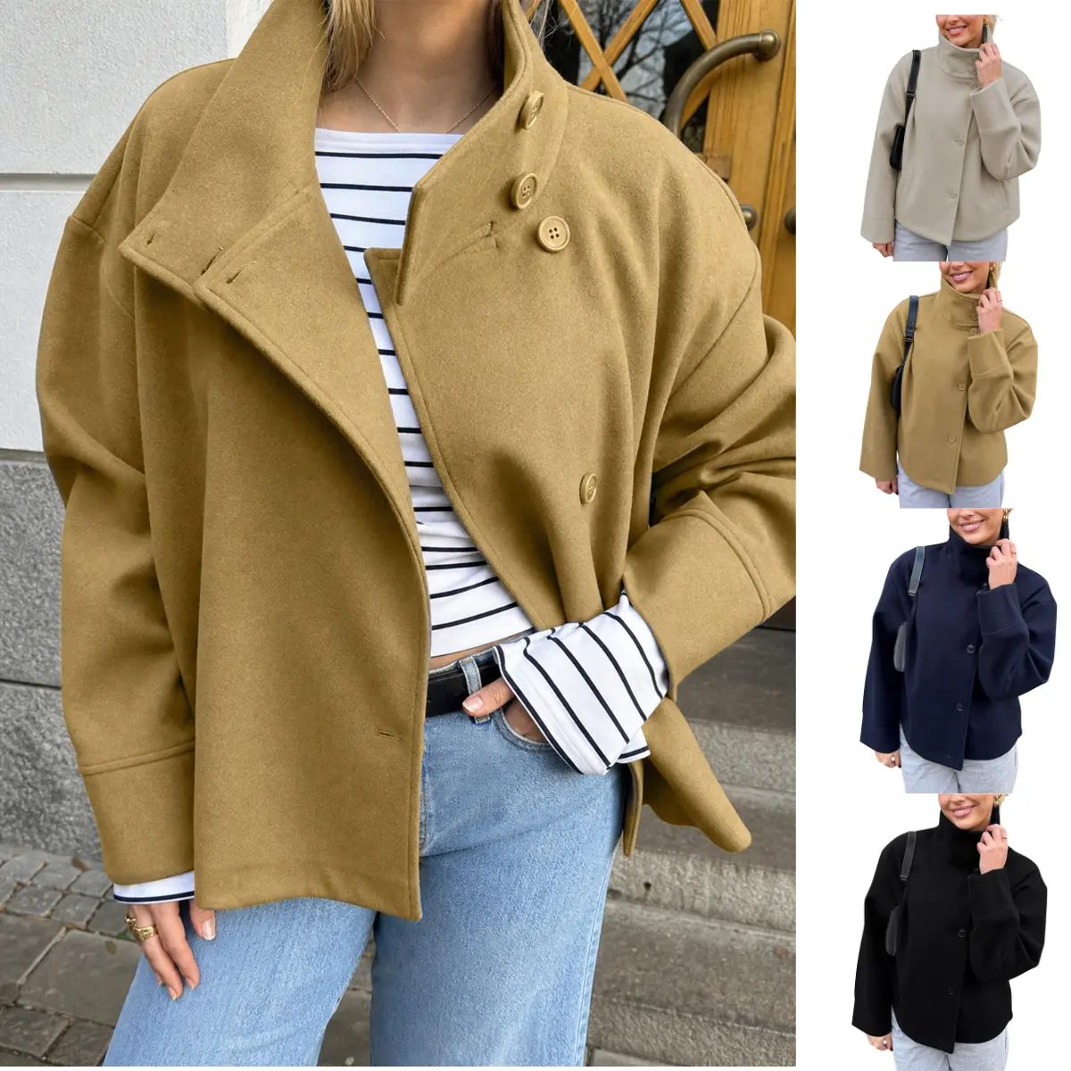 Yeokou Women Crop Pea Coat Wool Blend Autumn And Winter Loose Casual Short Jacket Outwear