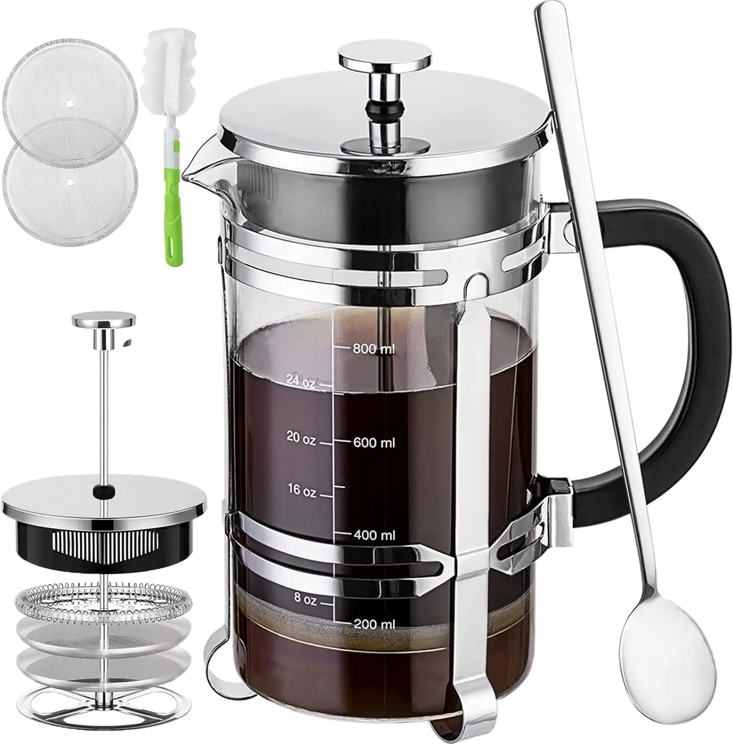 French Press Coffee Maker (34 oz) with 4 Filters - 304 Durable Stainless Steel,Heat Resistant Borosilicate Glass Coffee Press,BPA Free,Silver（include 1 cleaning brush,1spoon and 2 spare filter screen Metal Pots