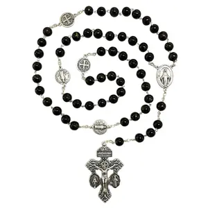 Rosary with Pardon Crucifix with Miraculous/St Benedict Medals and Black Glass Beads