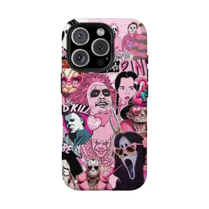 Beetlejuice Movie Characters Collage iPhone Case | Protective Phone Cover with Unique Design | Retro Horror Film Artwork | Pink and Black Aesthetic | Compatible with iPhone Models | Trendy Gift for Fans