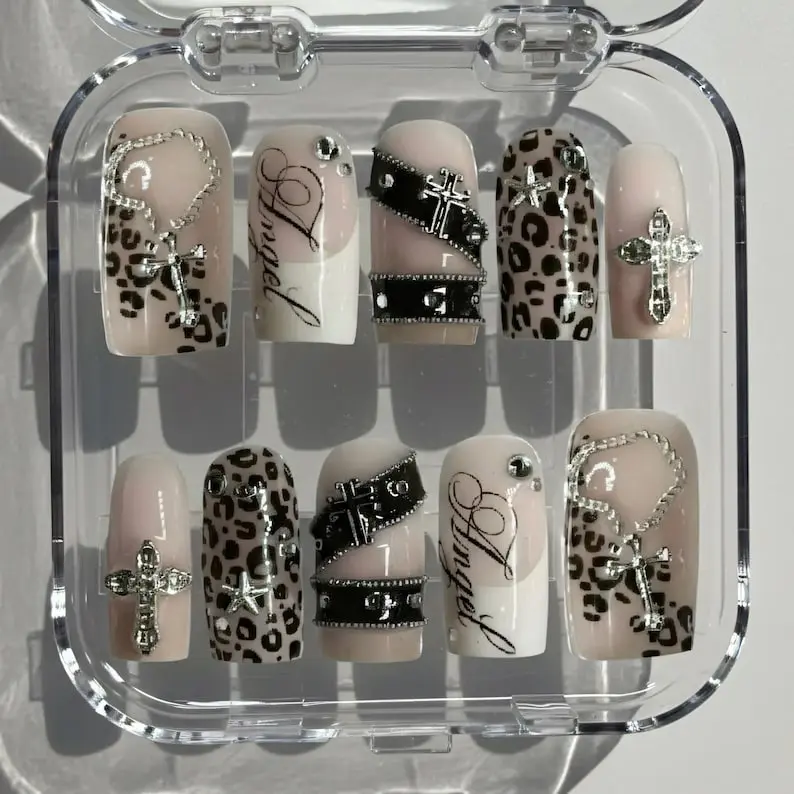 Gothic Leopard Press On Nails: Chrome Cross Rosary Chain and Studded Strap Art