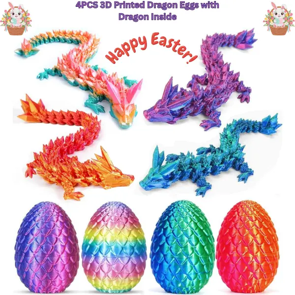 4PCS 3D Printed Dino Dragon Eggs with Animatronic Toys Inside - Unisex Fidget Toys, Crystal Figurines,Birthday Gifts, Dino Egg Colorful Dinosaur Eggs