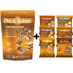 Mini Sized – 0.74 oz Bags – Drizzilicious Cookies & Cream, S’mores, Cinnamon Swirl, Salted Caramel, Birthday Cake & French Toast Bites + Single 4 oz Smore's Bag – 6-Pack Snack-Size Single-Serve Rice Crisps, Healthy Gluten-Free Vegan Treats