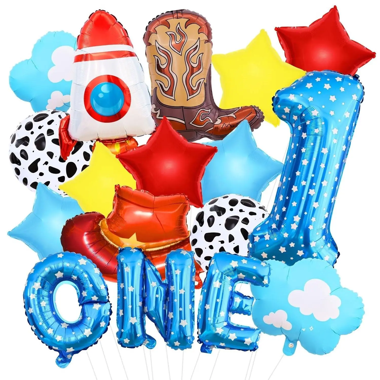 Toy Themed Story Birthday Decoration Balloon Set,Cartoon Style Birthday Rocket,Cowboy Hat,Boots,Clouds,Star Patterns, For Kid Party Supply (One)