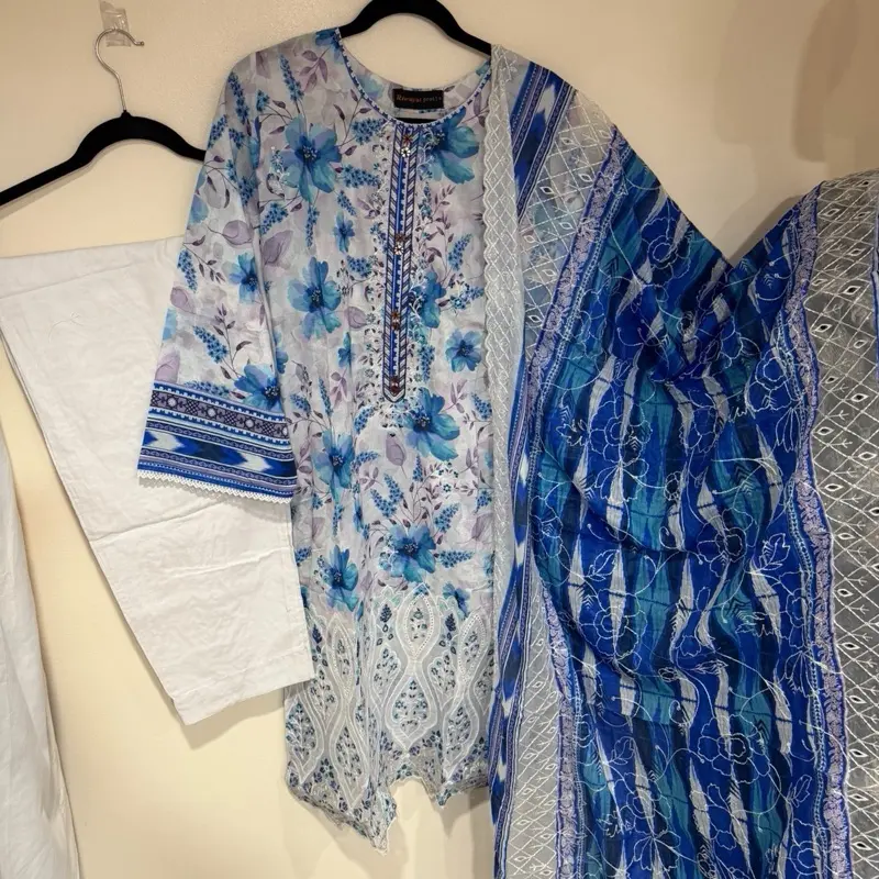 Pakistani Lawn Embrioded Cutwork 3 Piece Kameez Trouser and Embrioded Dupata Collection Ready To Wear